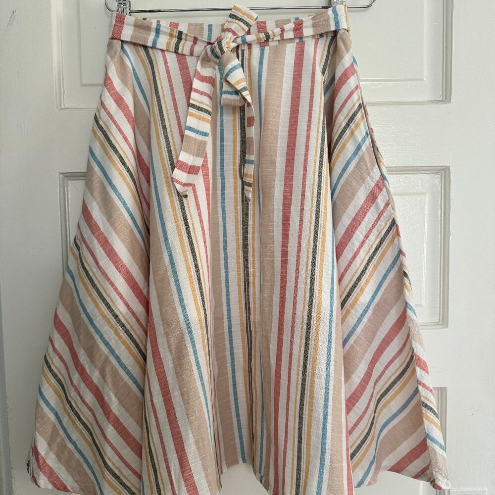 Hemet Linen-Feel Vintage-Inspired Retro Striped Pastel Circle Skirt - L